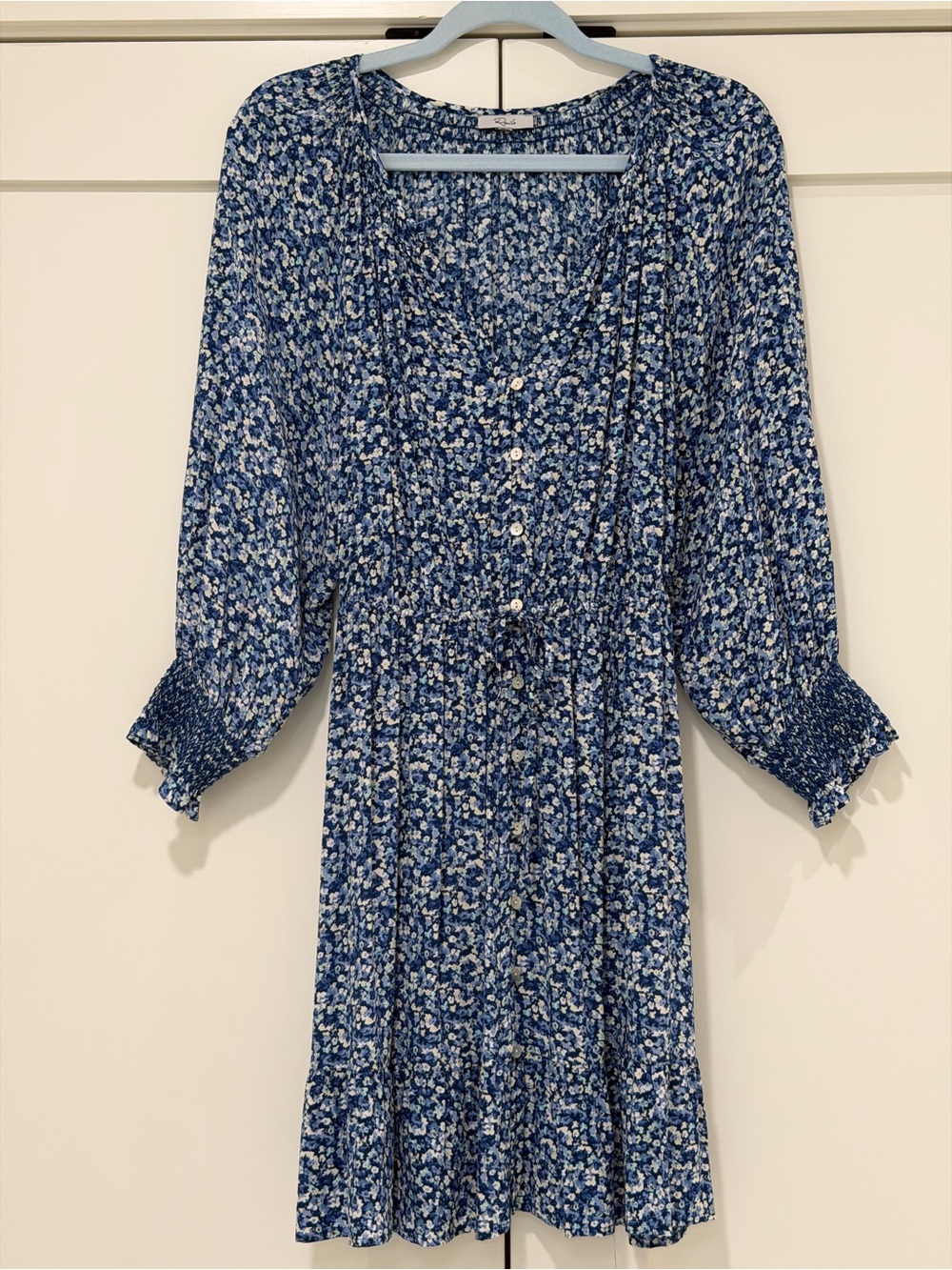 Rails Blue Floral Button Front Mini Dress Large Boho Smocked Cuff Long Sleeve